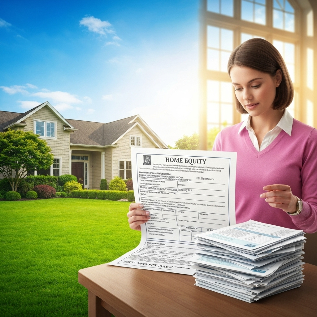 Home equity concept with house value and financial documents