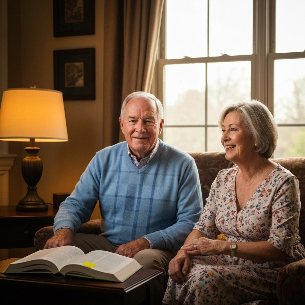 Senior couple in their home discussing reverse mortgage options