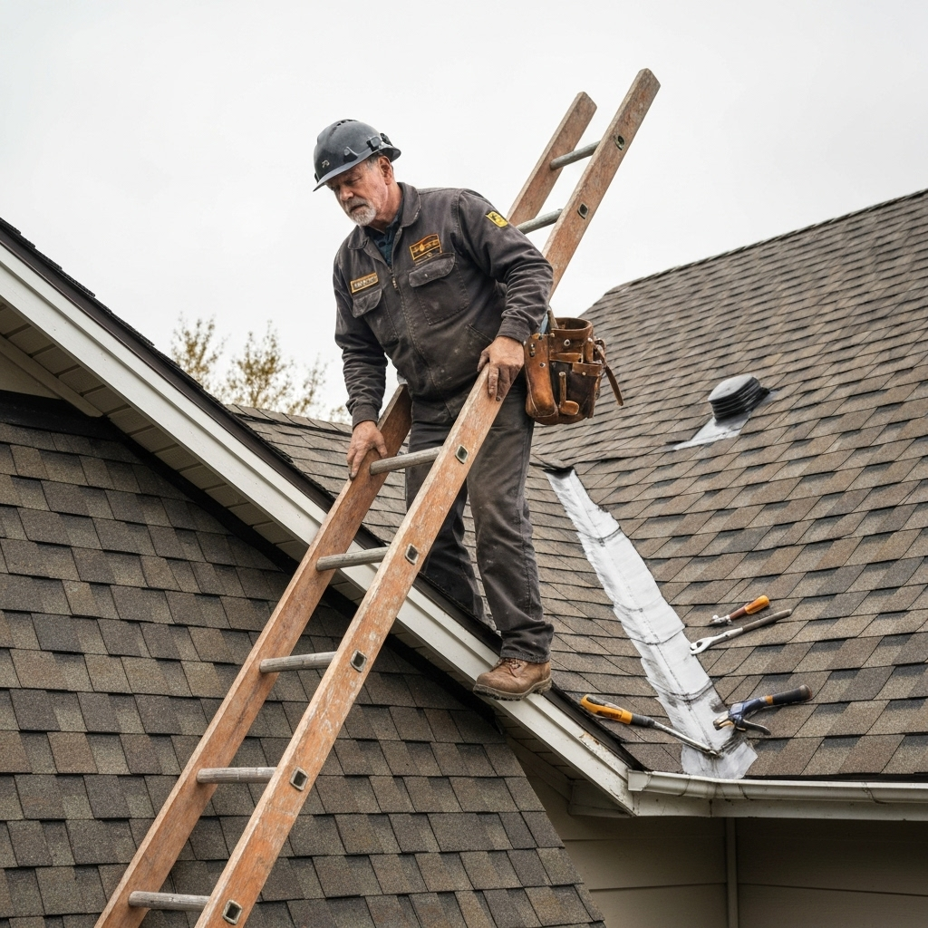 Professional roofer inspecting residential roof for maintenance