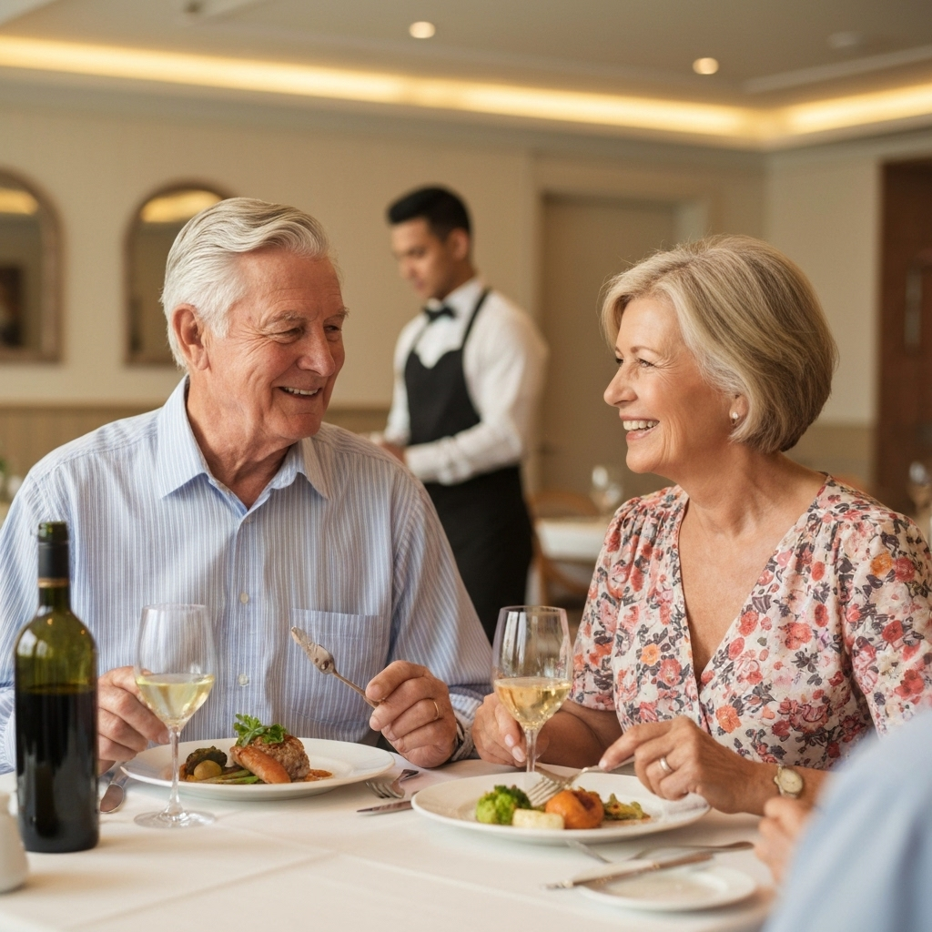 Senior couple enjoying restaurant meal with membership discounts
